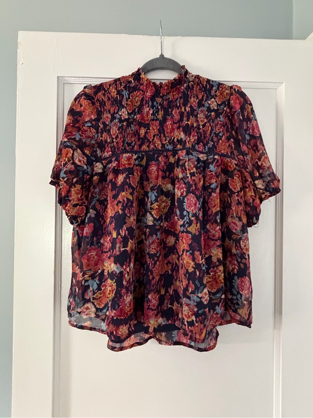 THML Navy Floral Smocked Mock Neck Blouse